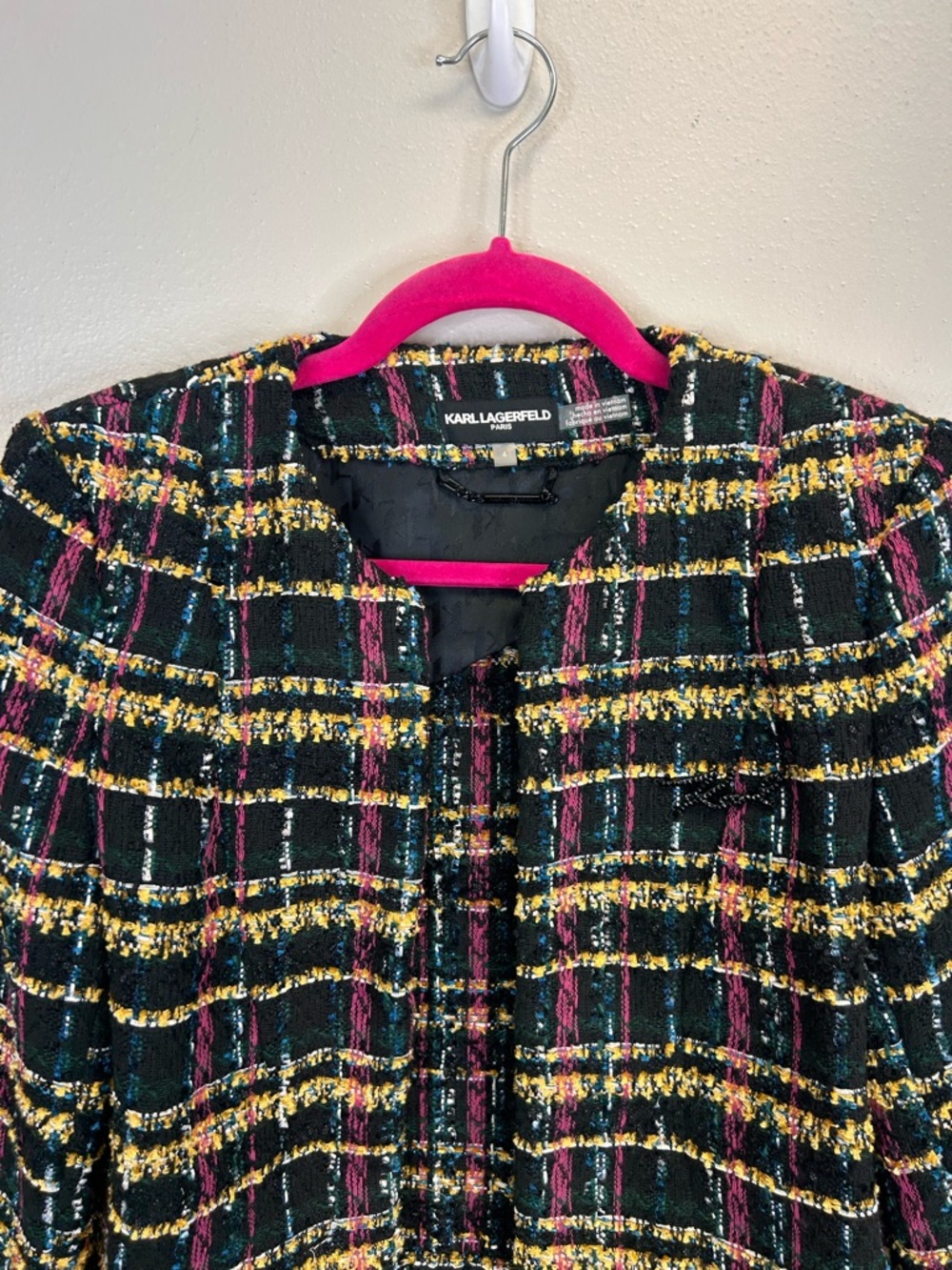 Karl Lagerfeld Multicolor Tweed Cropped Blazer Size 4 Luxury Designer Career - Picture 4 of 15